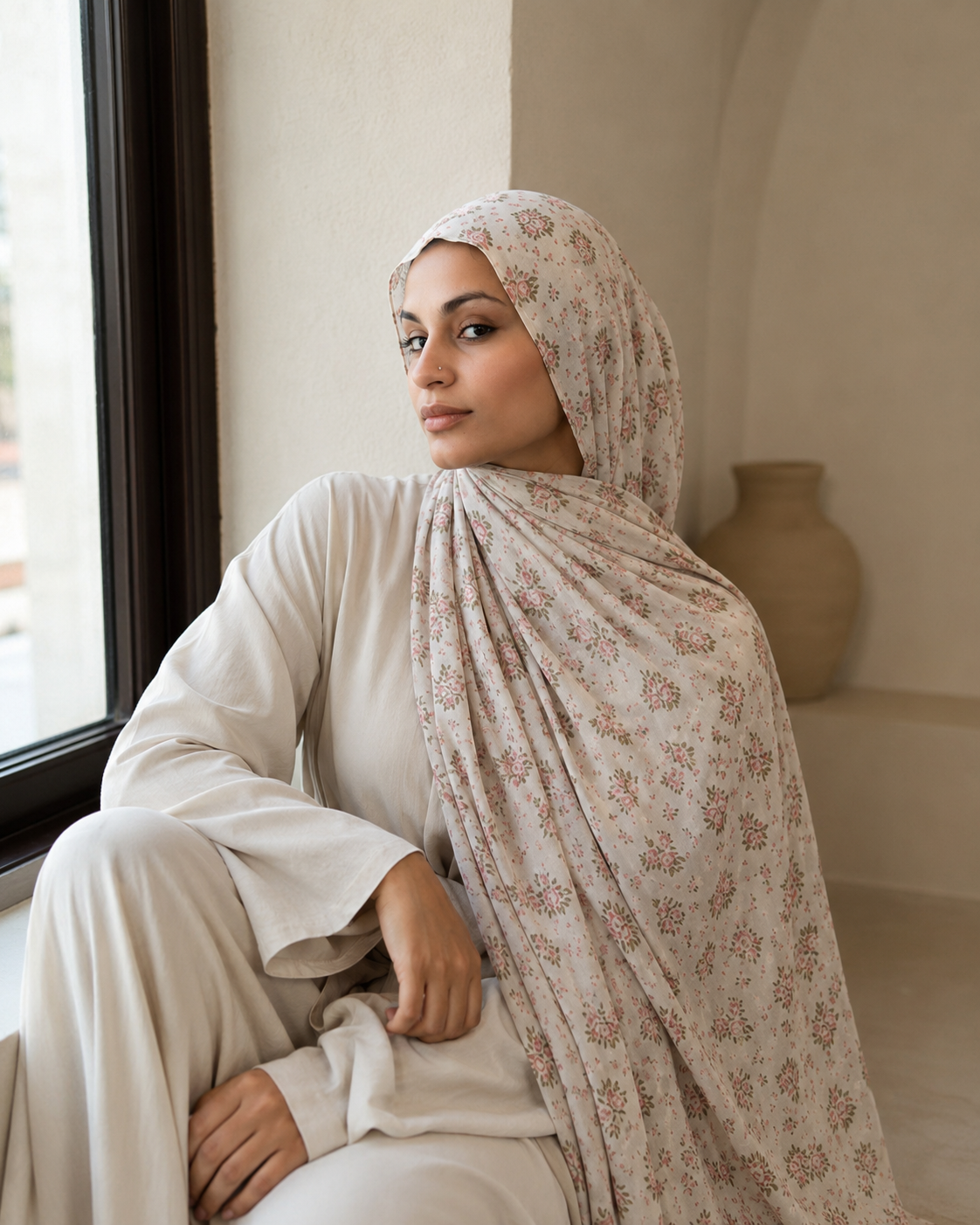 RY401 Ivory Rose Floral Printed Cotton Hijab – Soft Lightweight Scarf