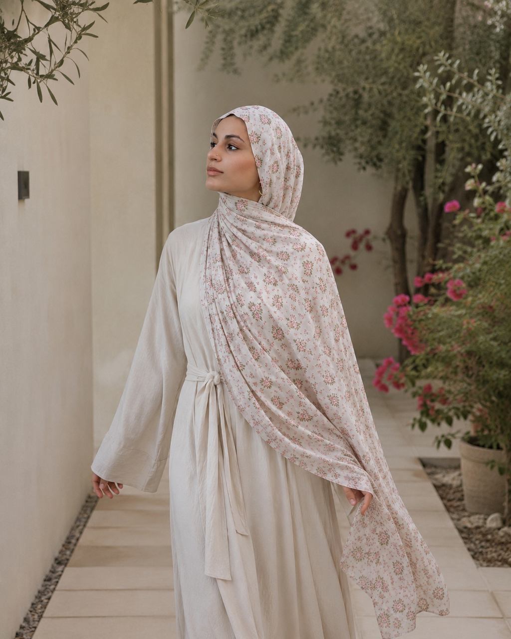 RY401 Ivory Rose Floral Printed Cotton Hijab – Soft Lightweight Scarf