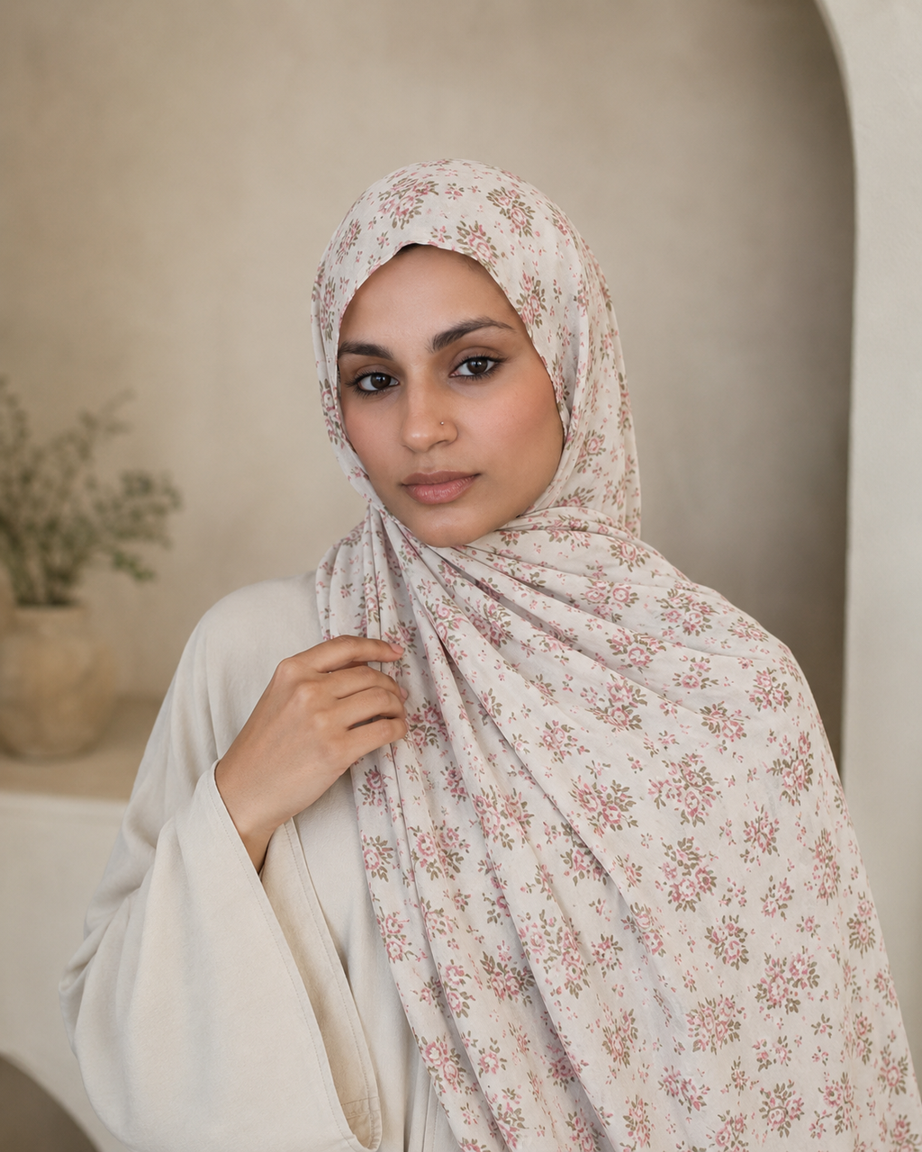 RY401 Ivory Rose Floral Printed Cotton Hijab – Soft Lightweight Scarf