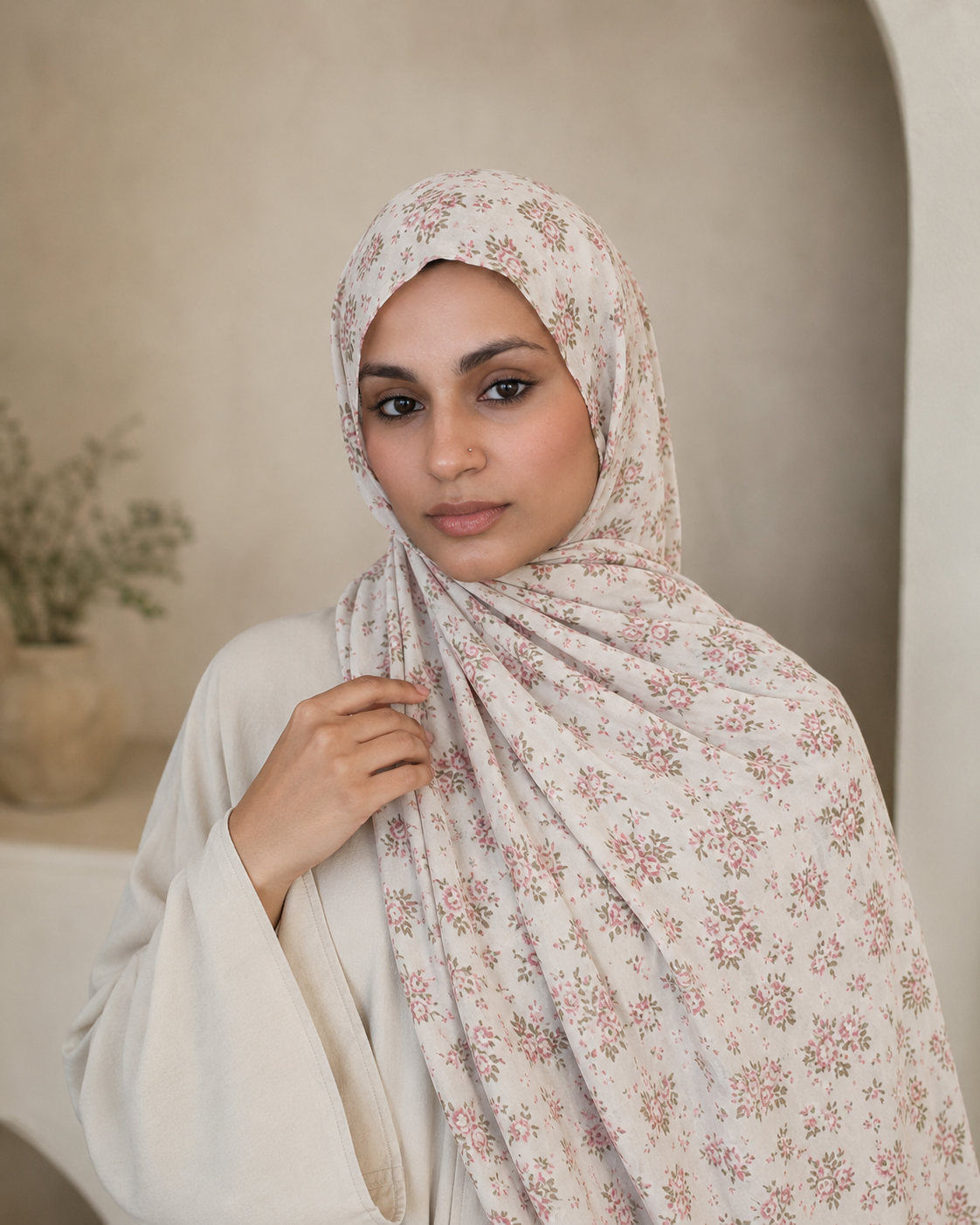 RY401 Ivory Rose Floral Printed Cotton Hijab – Soft Lightweight Scarf
