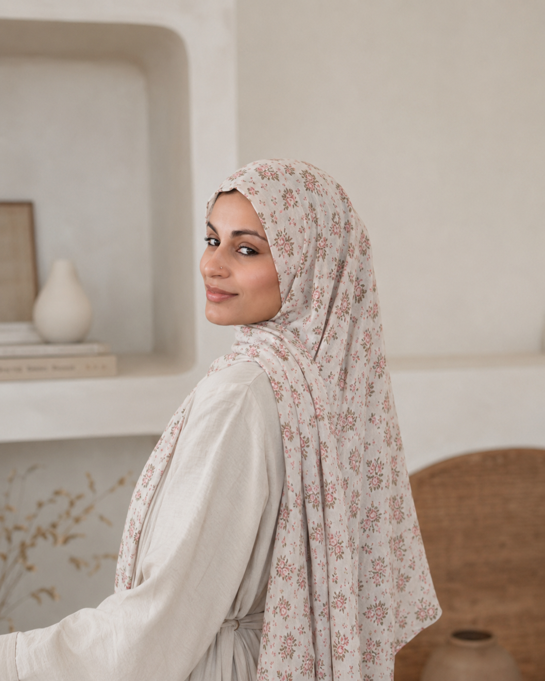 RY401 Ivory Rose Floral Printed Cotton Hijab – Soft Lightweight Scarf