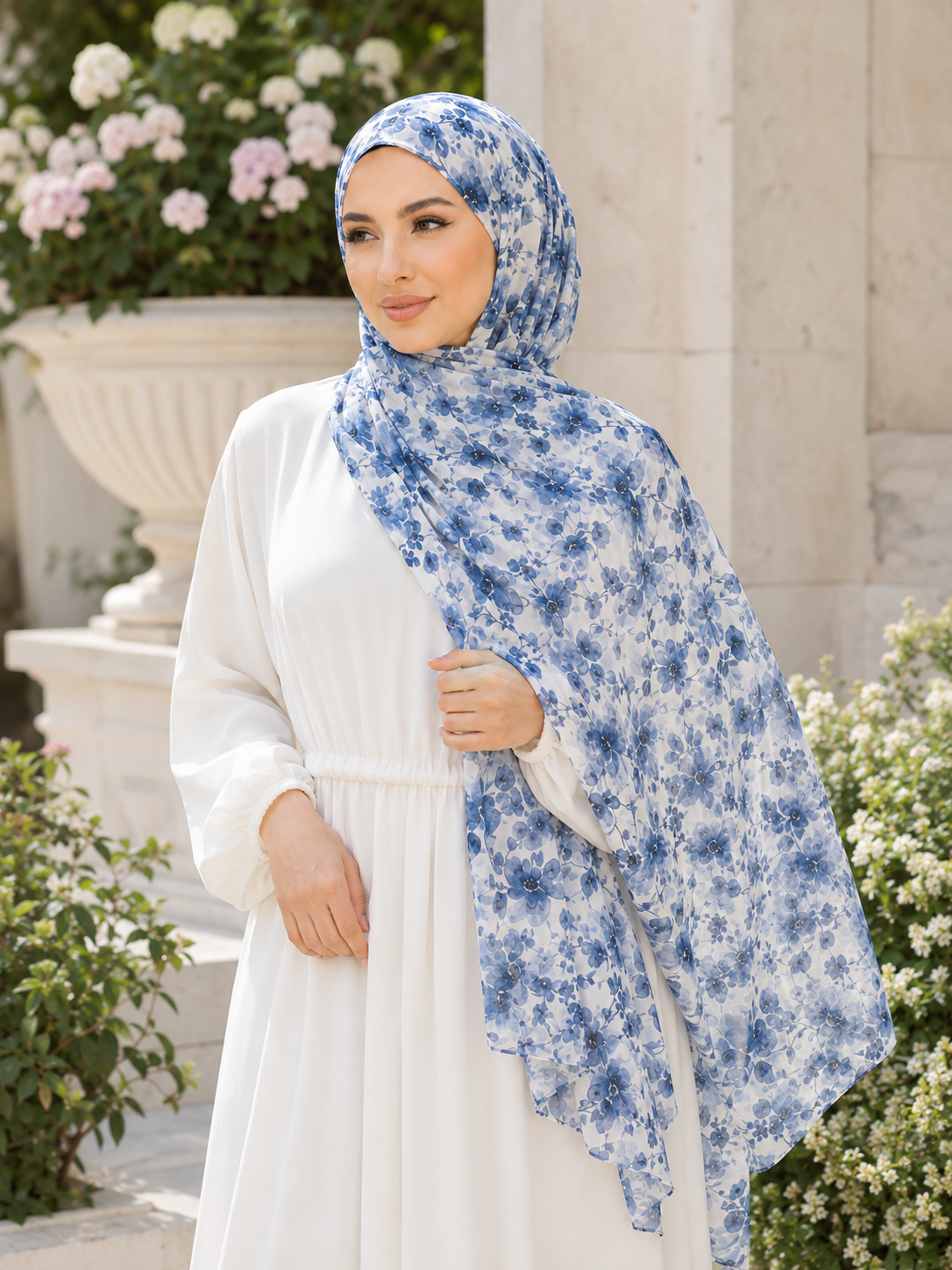 RY403 Blue Watercolor Floral Printed Cotton Hijab – Lightweight Scarf