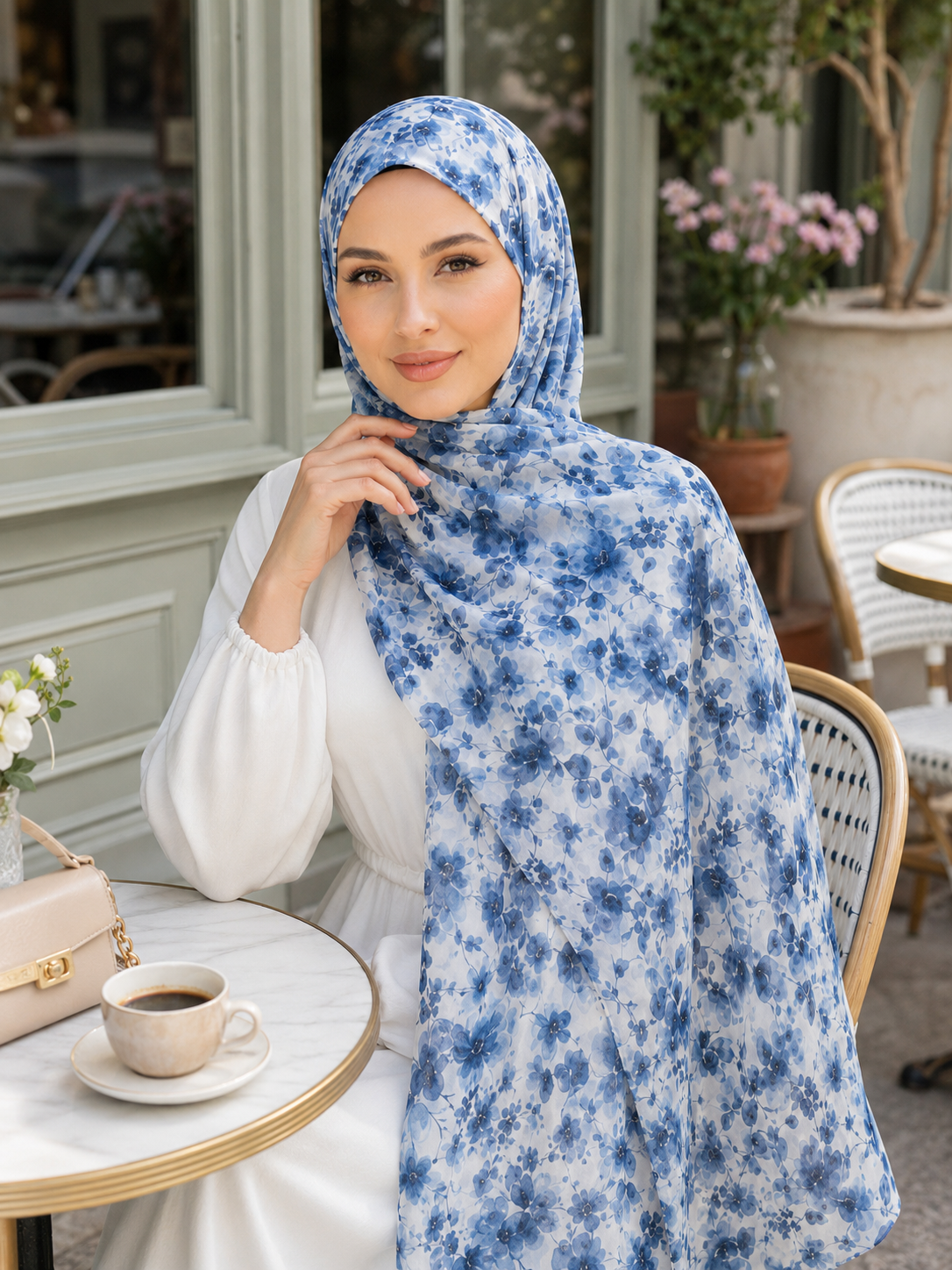 RY403 Blue Watercolor Floral Printed Cotton Hijab – Lightweight Scarf