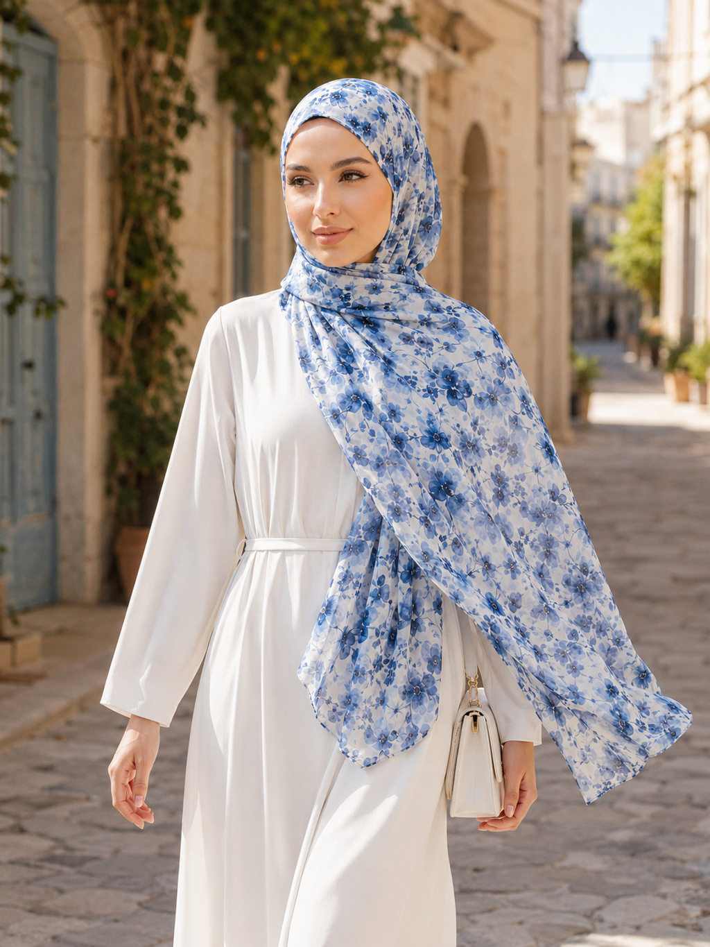 RY403 Blue Watercolor Floral Printed Cotton Hijab – Lightweight Scarf