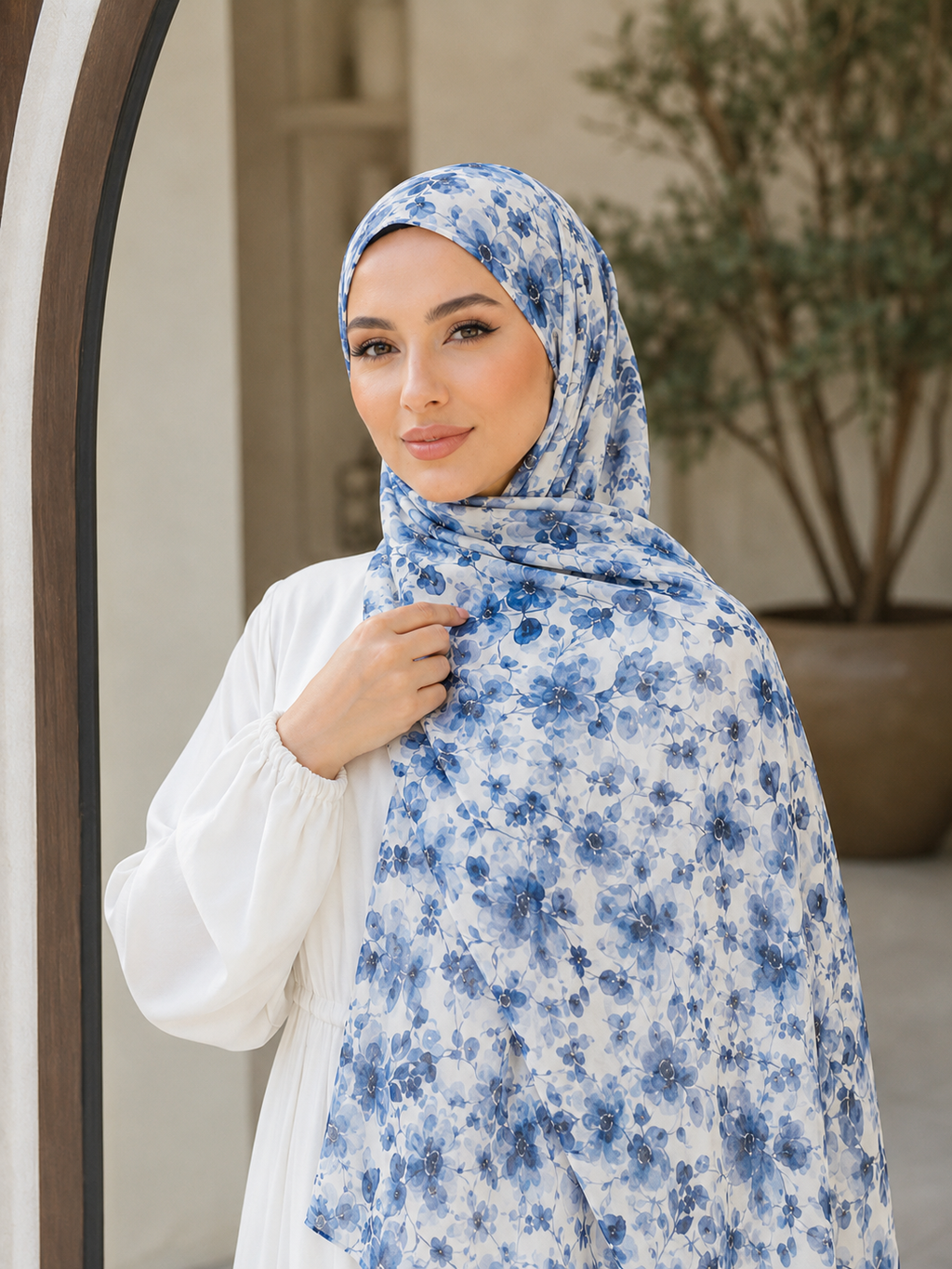 RY403 Blue Watercolor Floral Printed Cotton Hijab – Lightweight Scarf