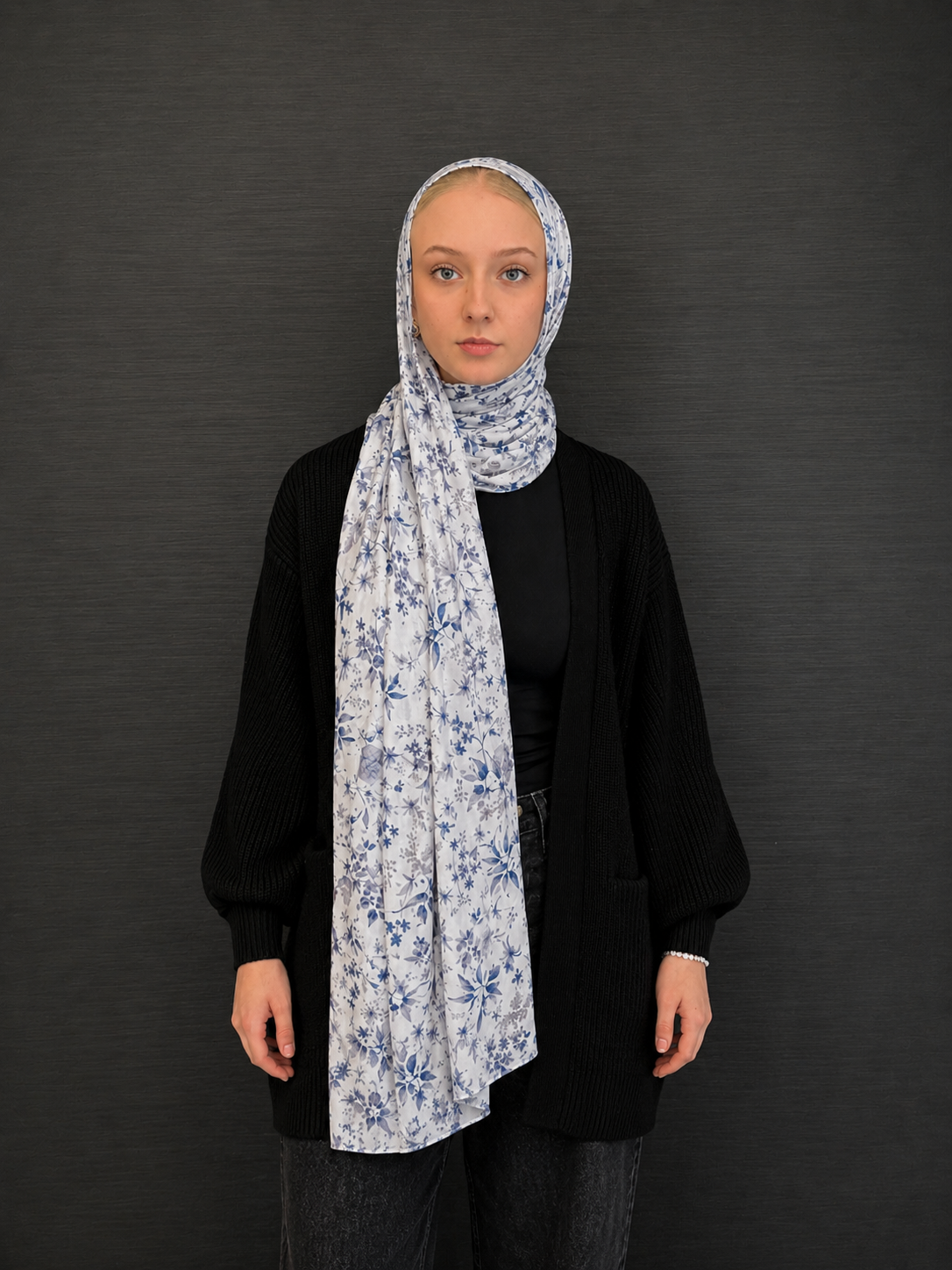 RY407 Blue Botanical Mercerized Cotton Hijab – Bohemian Lightweight Scarf