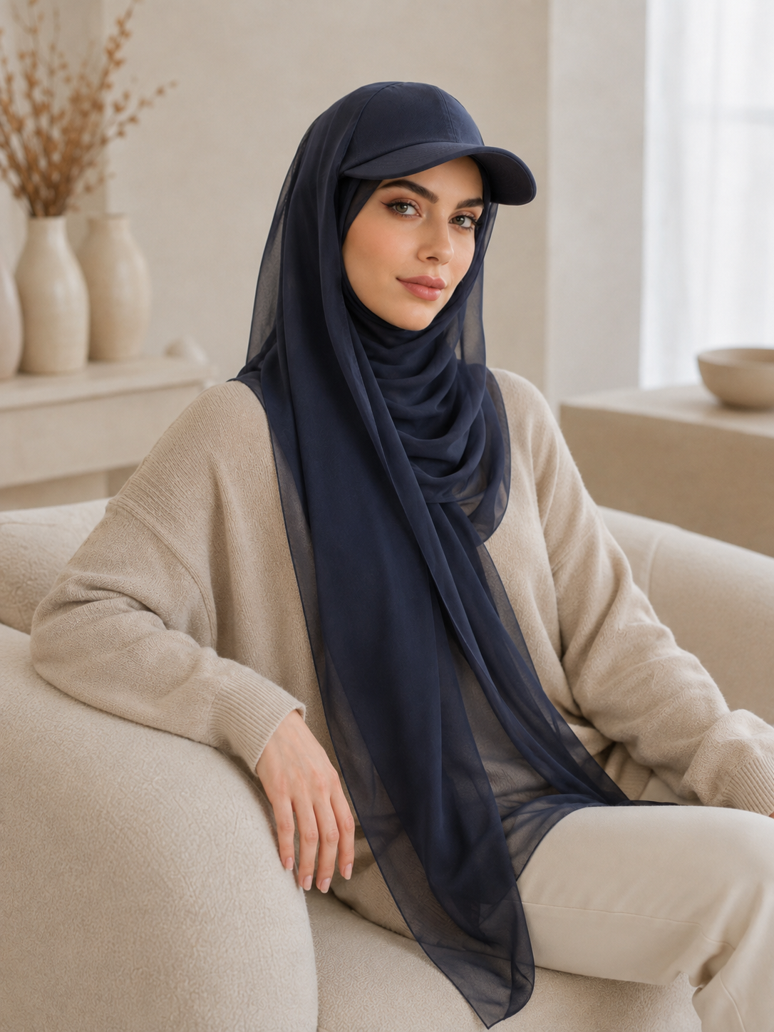 RY605 Navy Blue Chiffon Hijab Baseball Cap – Lightweight Visor Scarf