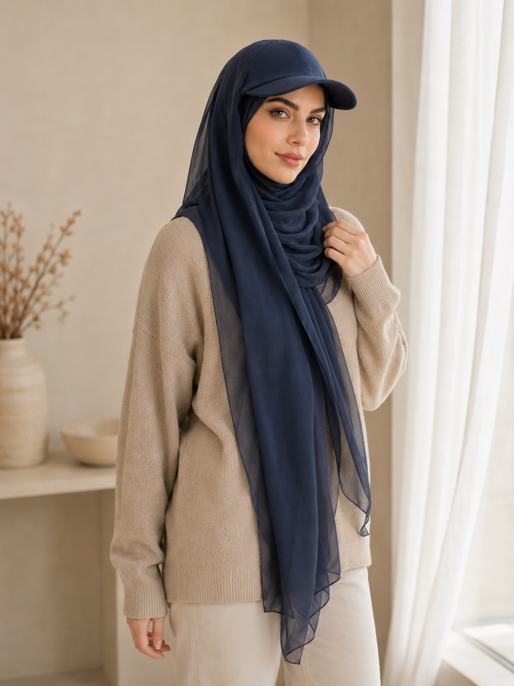 RY605 Navy Blue Chiffon Hijab Baseball Cap – Lightweight Visor Scarf
