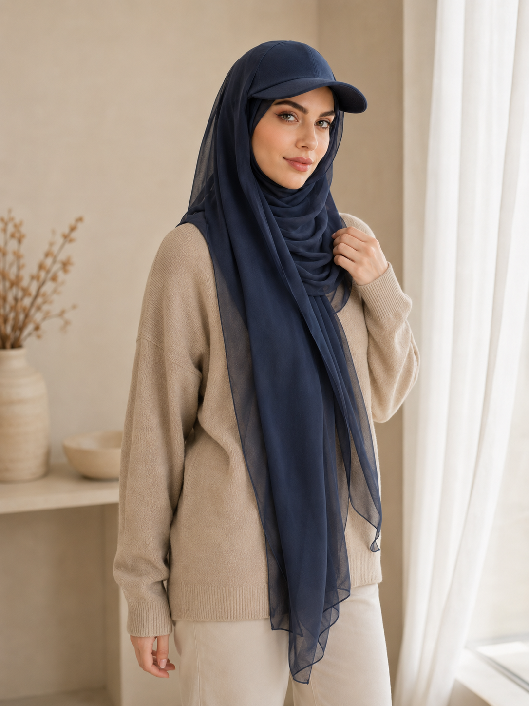 RY605 Navy Blue Chiffon Hijab Baseball Cap – Lightweight Visor Scarf