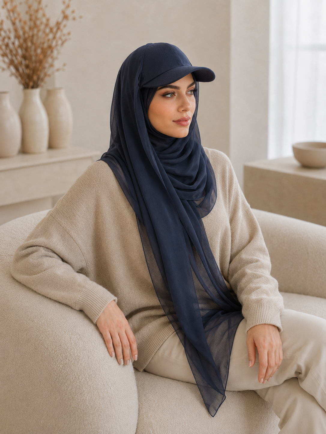 RY605 Navy Blue Chiffon Hijab Baseball Cap – Lightweight Visor Scarf
