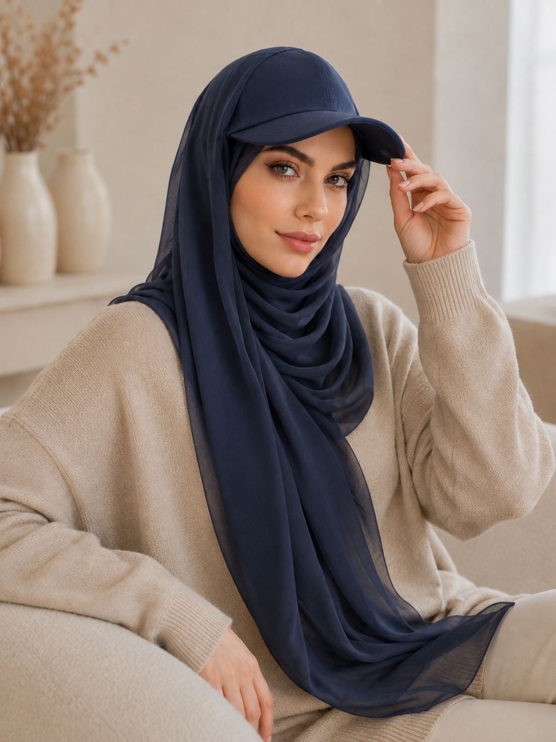 RY605 Navy Blue Chiffon Hijab Baseball Cap – Lightweight Visor Scarf