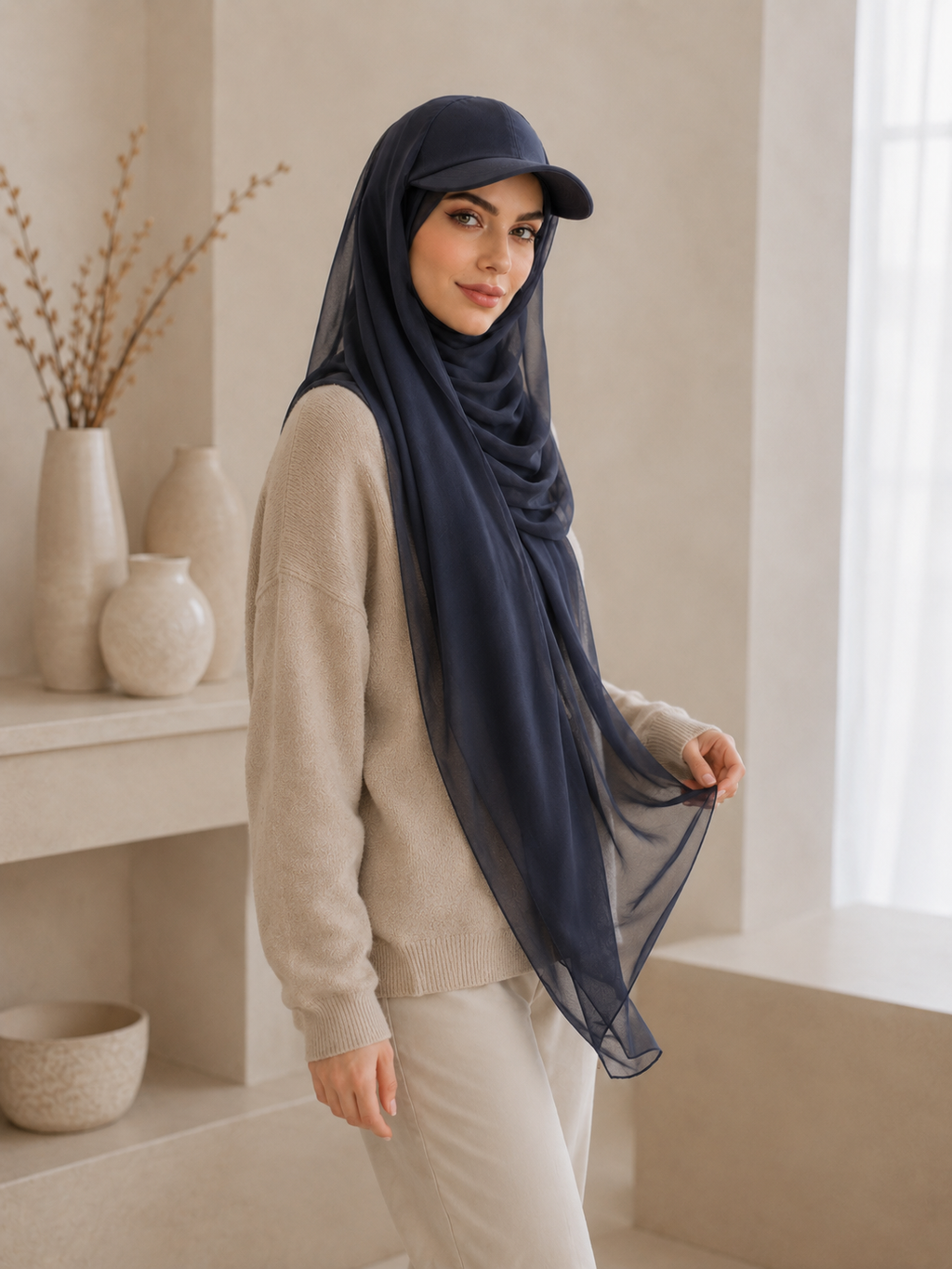 RY605 Navy Blue Chiffon Hijab Baseball Cap – Lightweight Visor Scarf