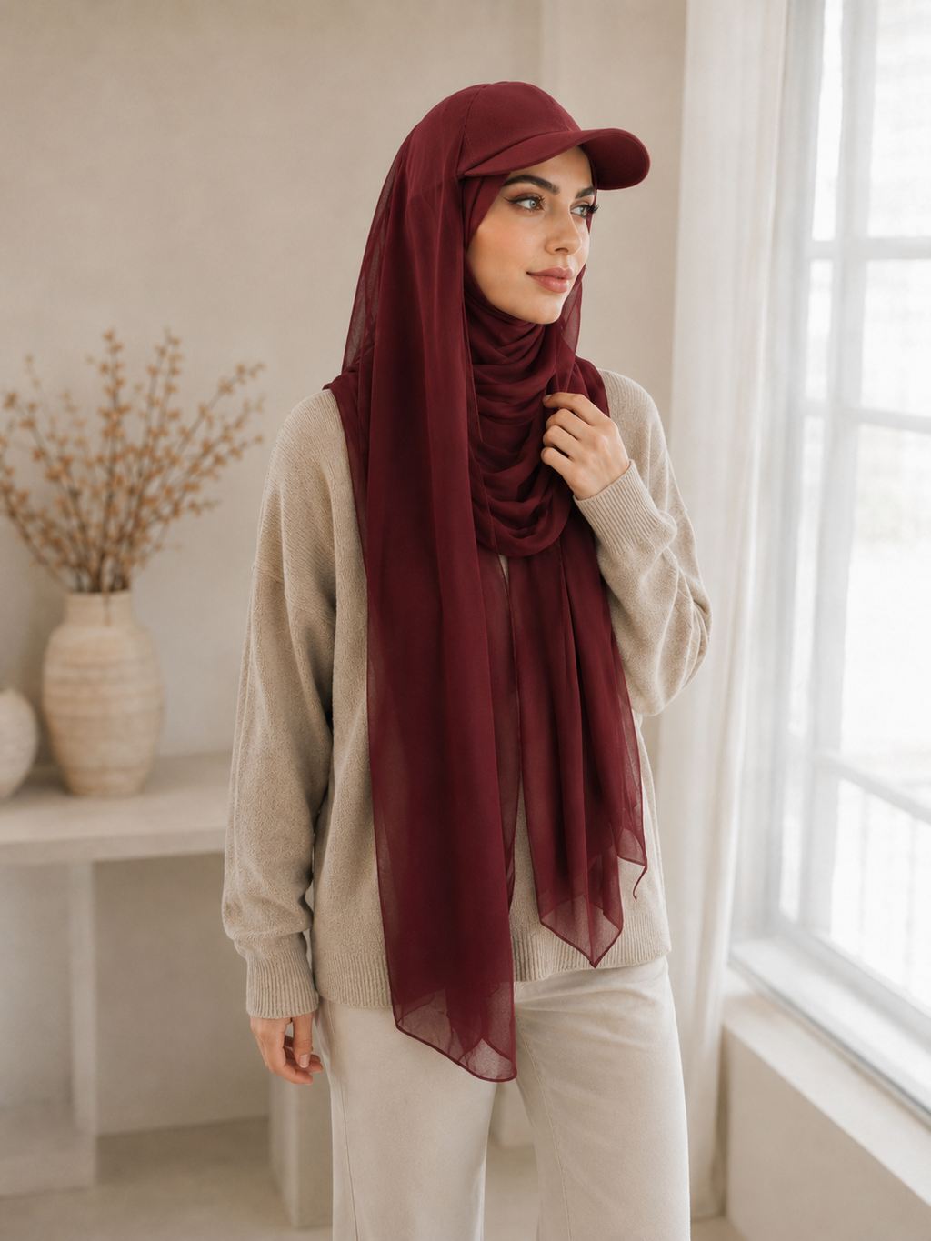 RY606 Burgundy Chiffon Hijab Baseball Cap – Lightweight Visor Scarf Hat for Women