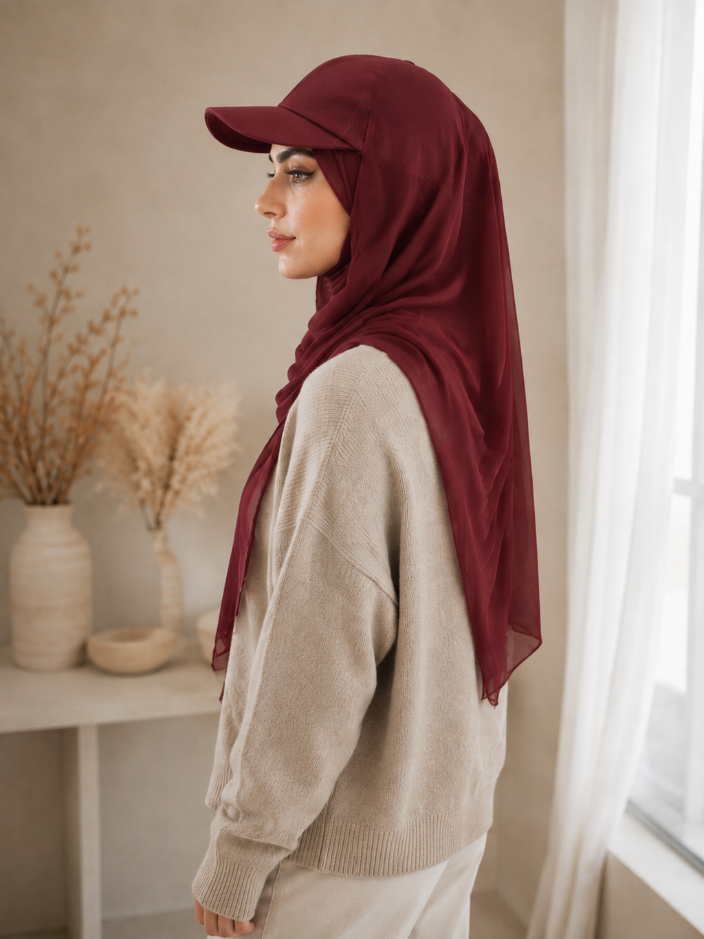 RY606 Burgundy Chiffon Hijab Baseball Cap – Lightweight Visor Scarf Hat for Women