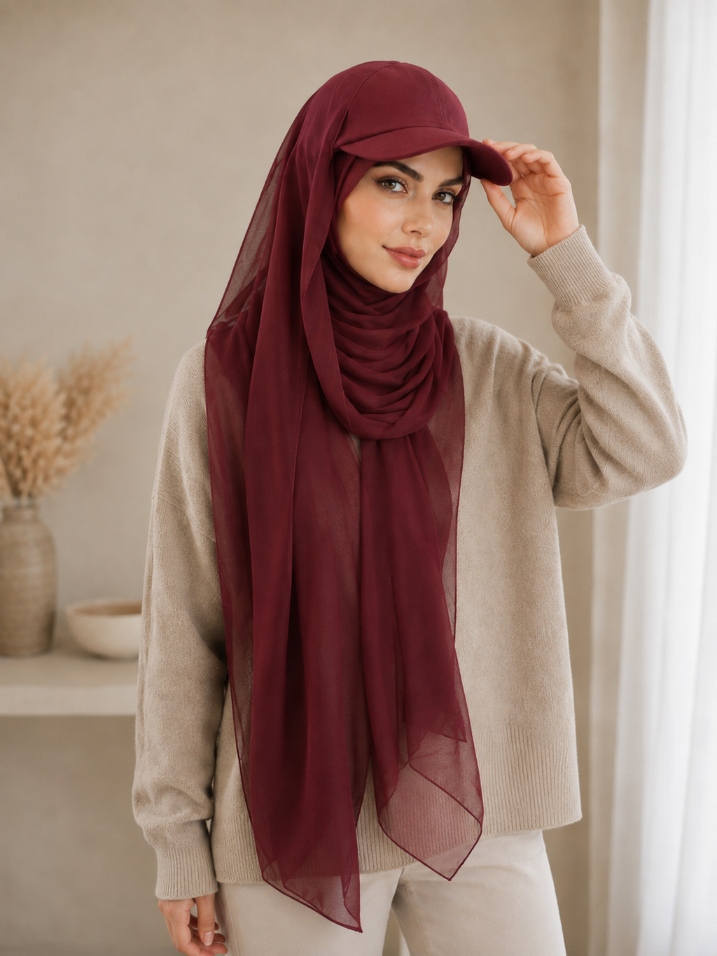 RY606 Burgundy Chiffon Hijab Baseball Cap – Lightweight Visor Scarf Hat for Women