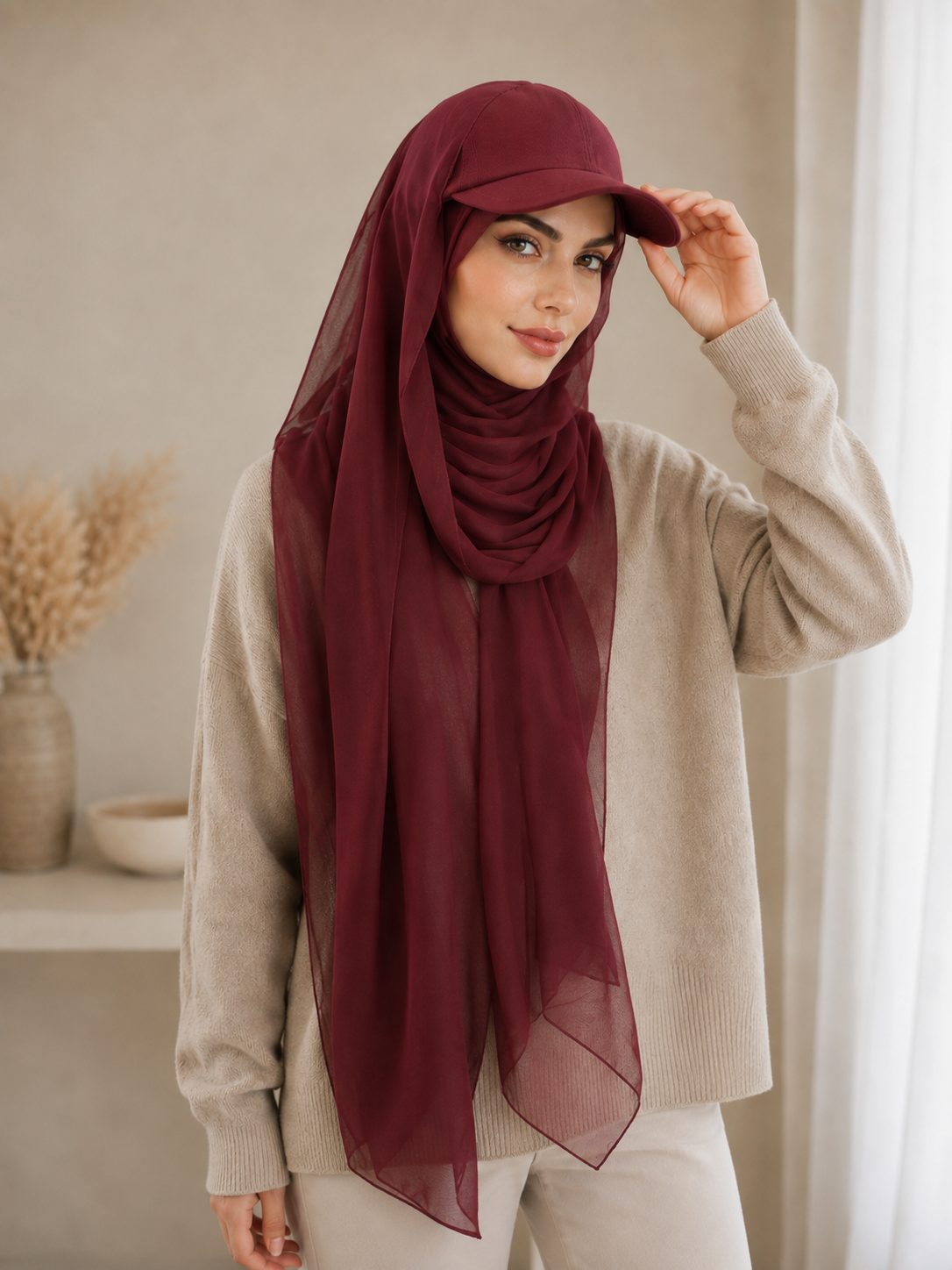 RY606 Burgundy Chiffon Hijab Baseball Cap – Lightweight Visor Scarf Hat for Women