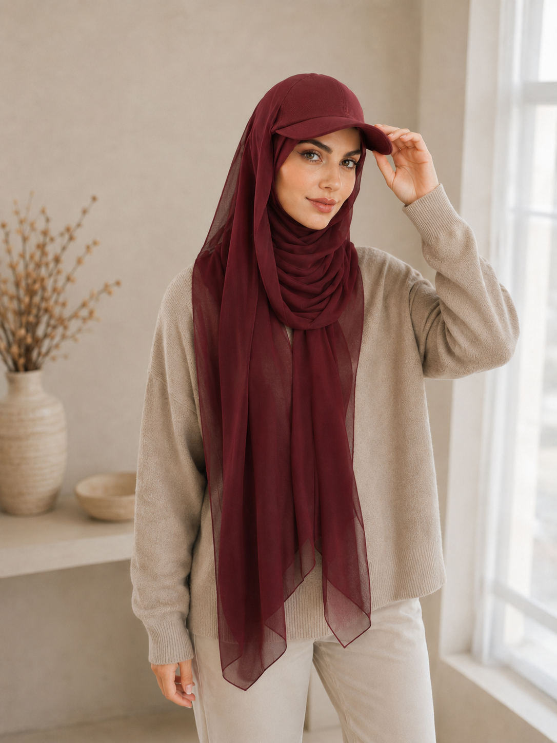 RY606 Burgundy Chiffon Hijab Baseball Cap – Lightweight Visor Scarf Hat for Women