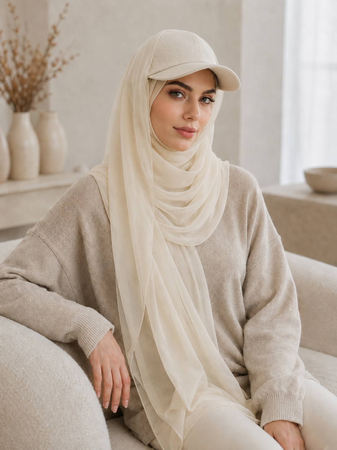 RY608 Ivory Chiffon Hijab Baseball Cap for Women – Solid Color Scarf Hat with Sun Protection