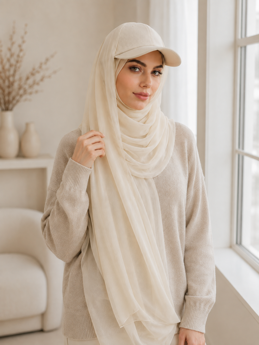 RY608 Ivory Chiffon Hijab Baseball Cap for Women – Solid Color Scarf Hat with Sun Protection