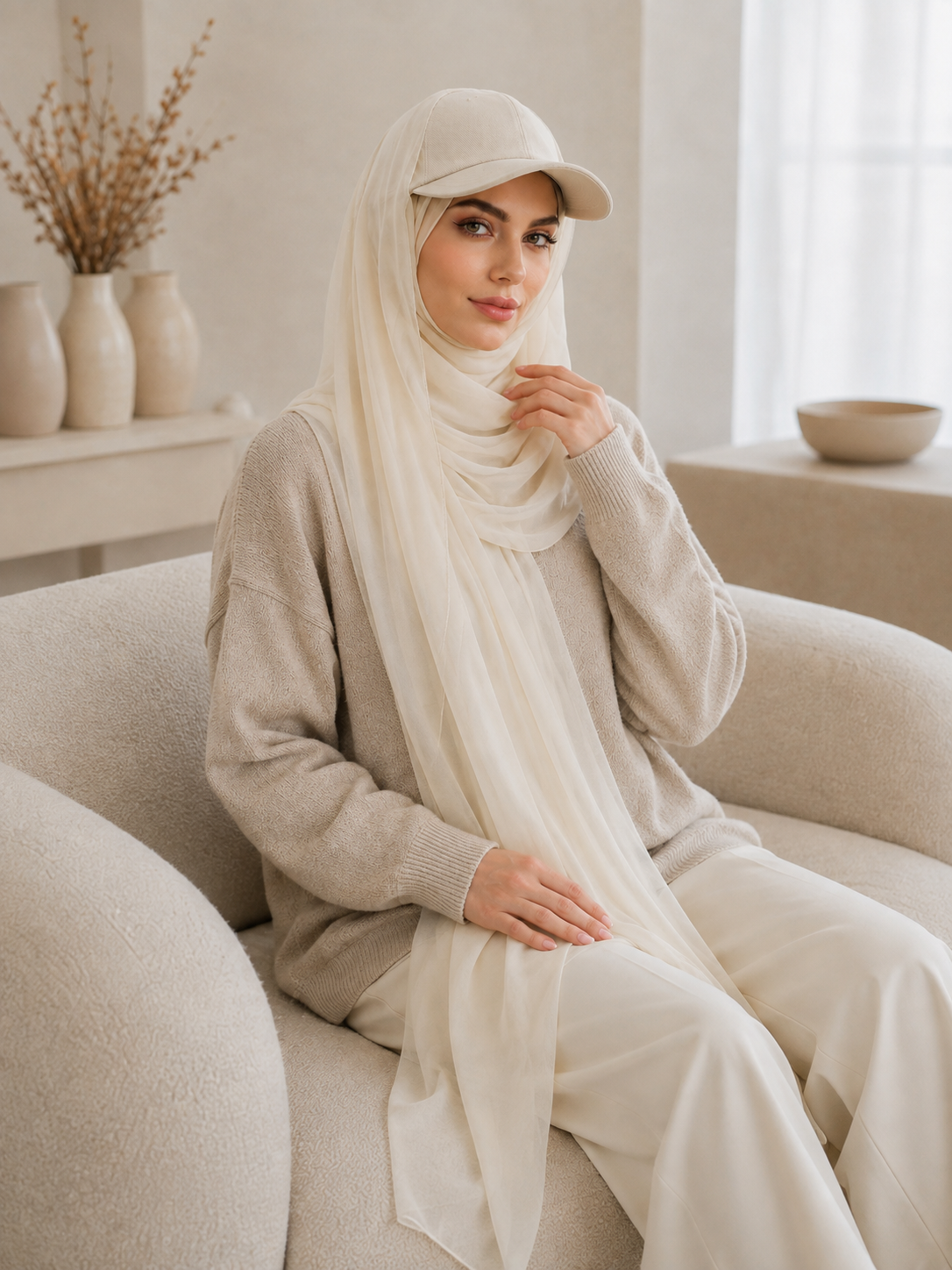 RY608 Ivory Chiffon Hijab Baseball Cap for Women – Solid Color Scarf Hat with Sun Protection
