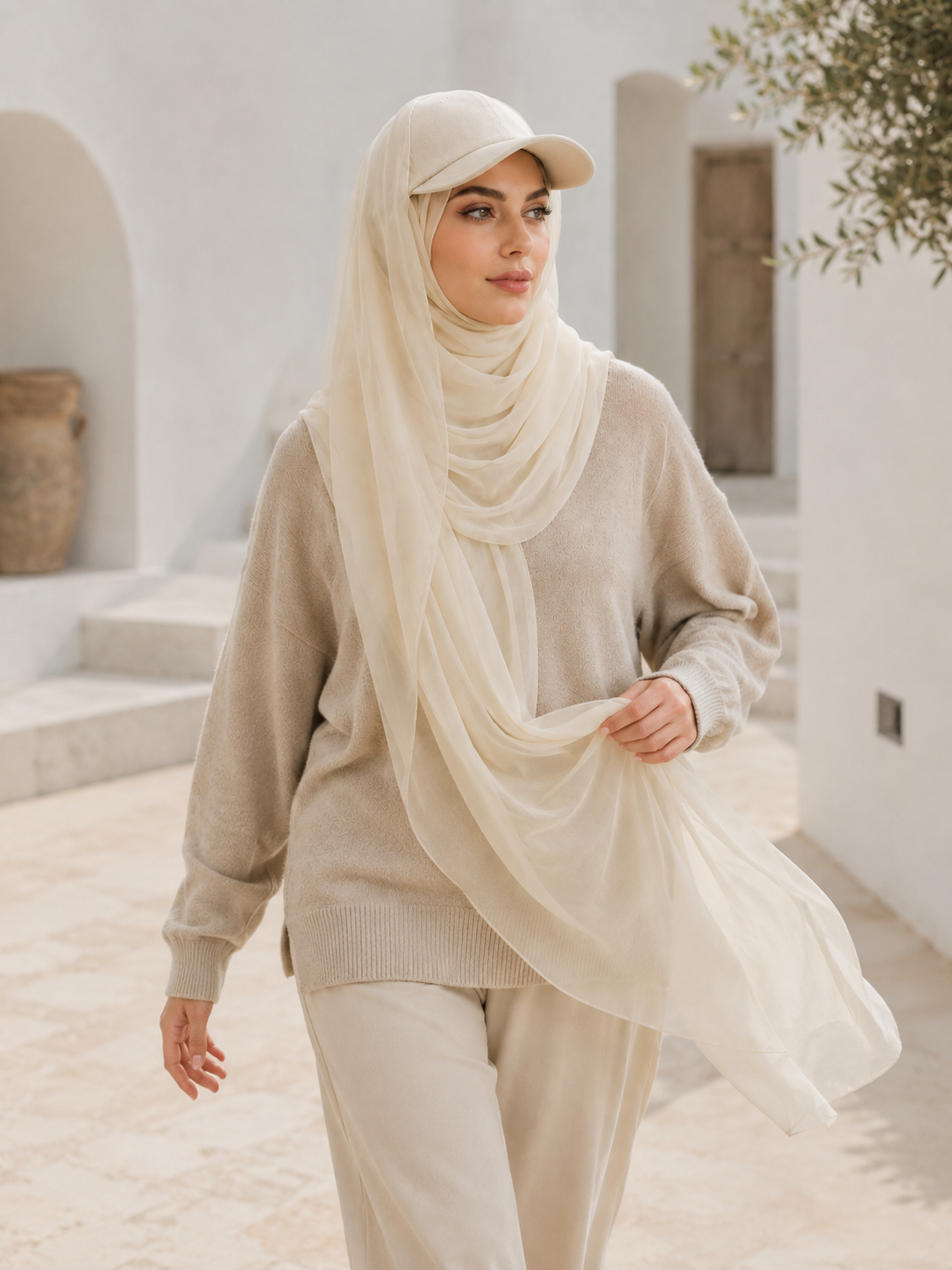 RY608 Ivory Chiffon Hijab Baseball Cap for Women – Solid Color Scarf Hat with Sun Protection