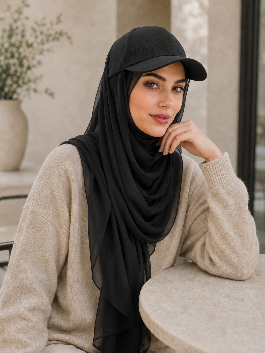 RY609 Black Hat Brim Chiffon Hijab – Women's Baseball Cap Style Ready To Wear Headscarf