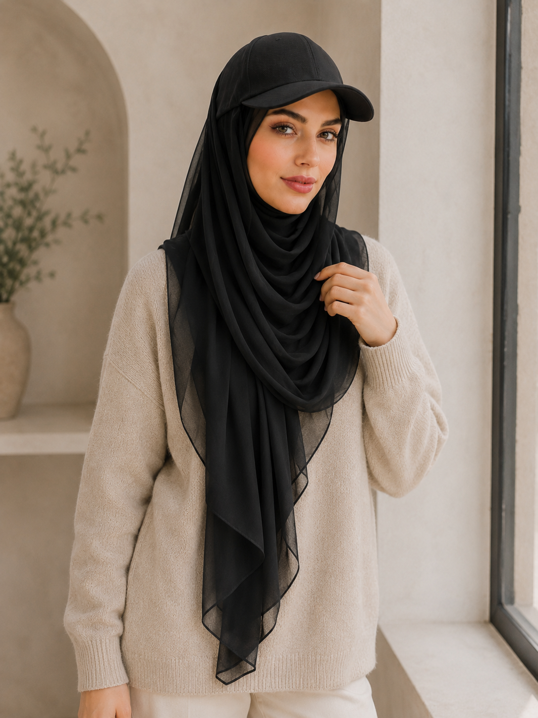 RY609 Black Hat Brim Chiffon Hijab – Women's Baseball Cap Style Ready To Wear Headscarf