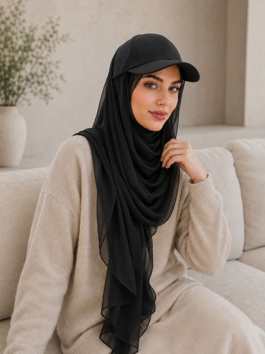 RY609 Black Hat Brim Chiffon Hijab – Women's Baseball Cap Style Ready To Wear Headscarf