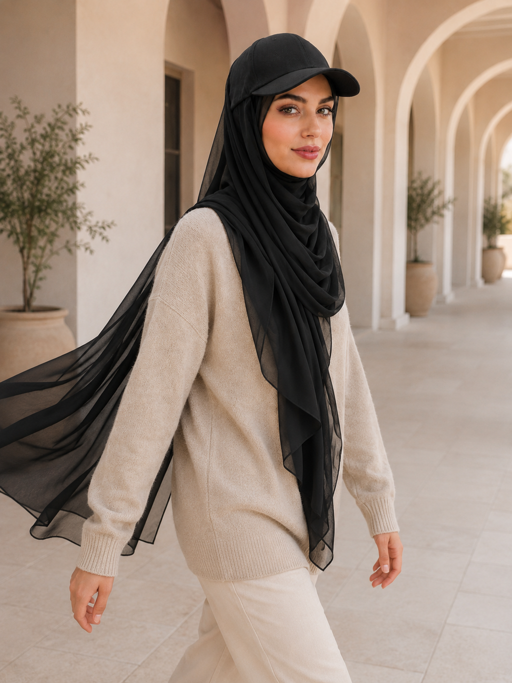 RY609 Black Hat Brim Chiffon Hijab – Women's Baseball Cap Style Ready To Wear Headscarf