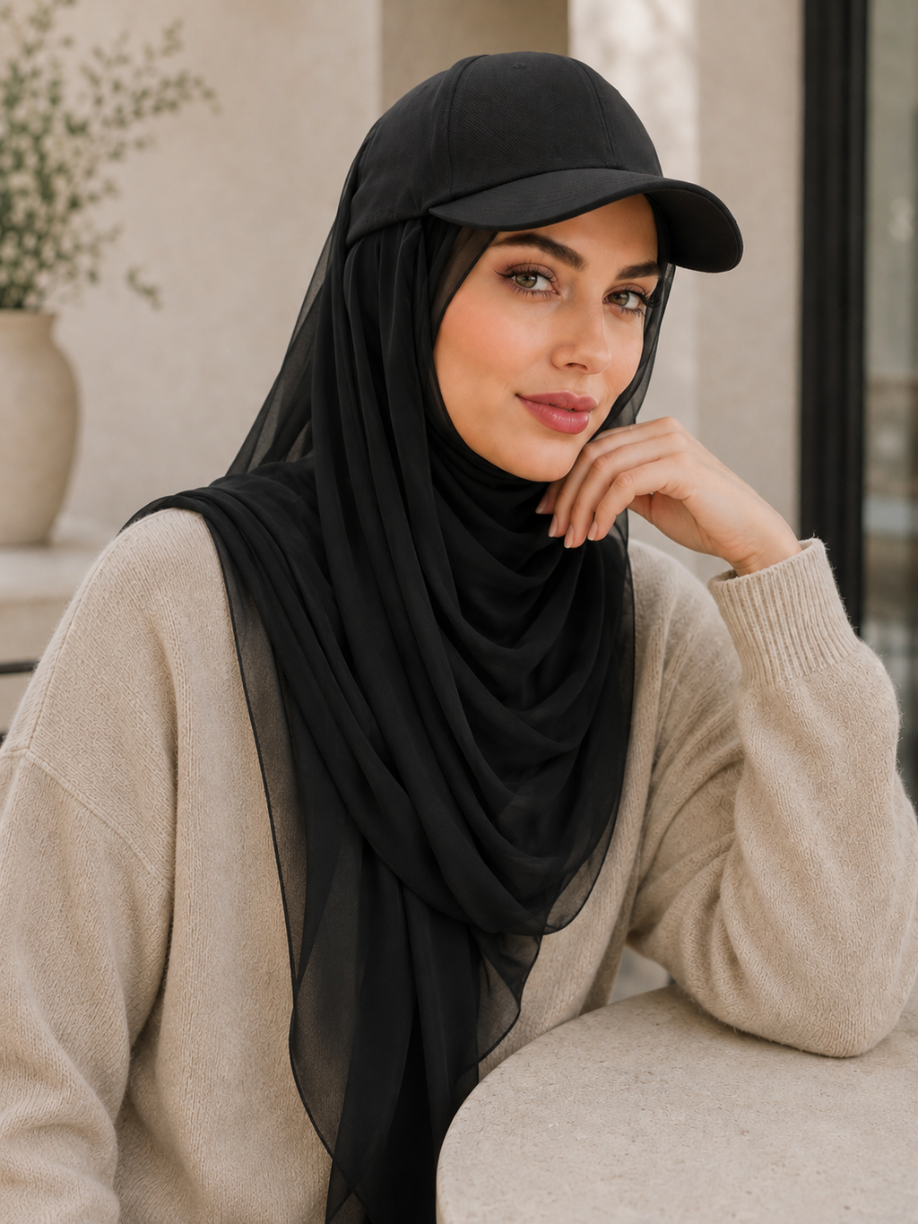 RY609 Black Hat Brim Chiffon Hijab – Women's Baseball Cap Style Ready To Wear Headscarf