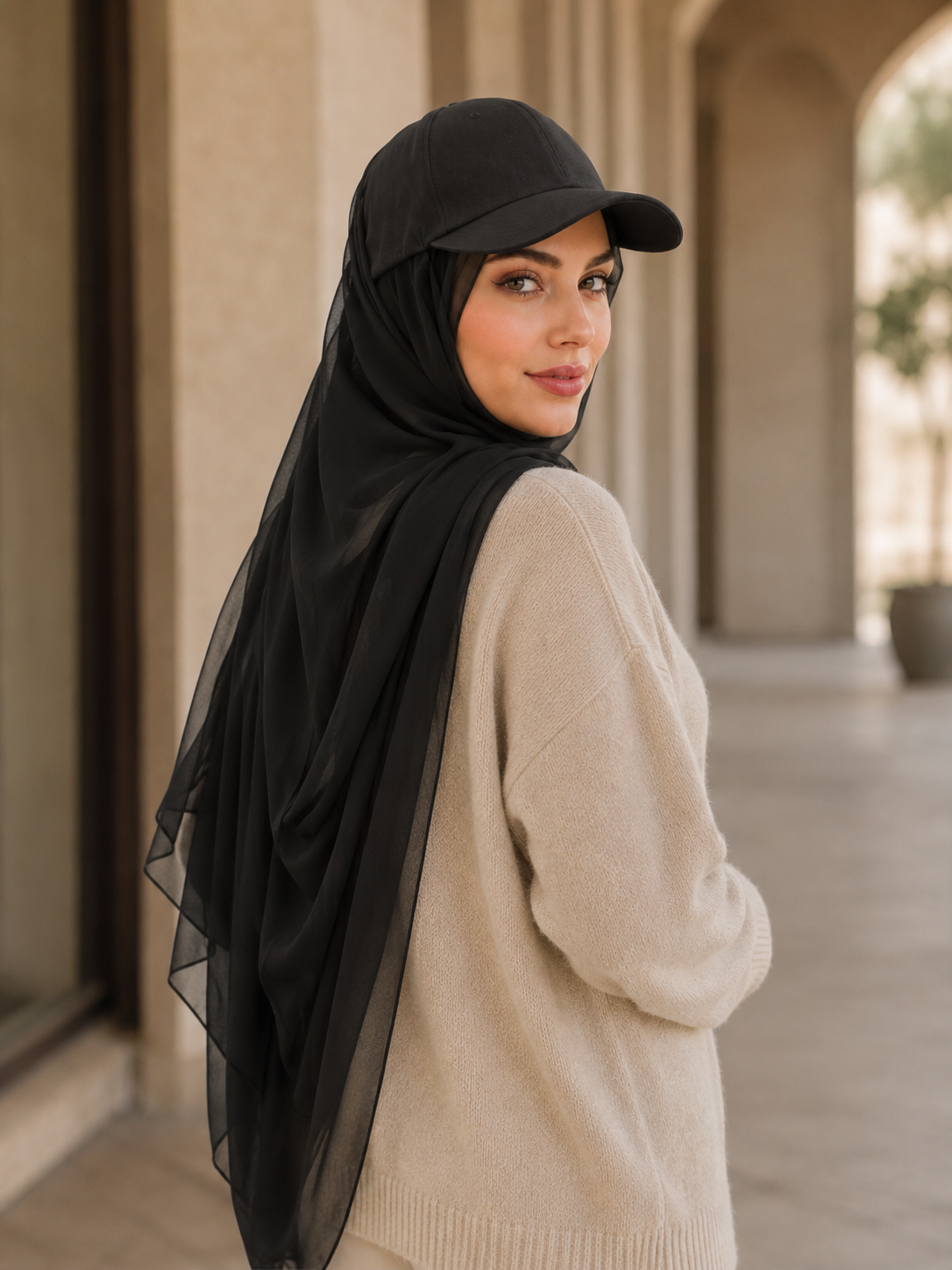 RY609 Black Hat Brim Chiffon Hijab – Women's Baseball Cap Style Ready To Wear Headscarf