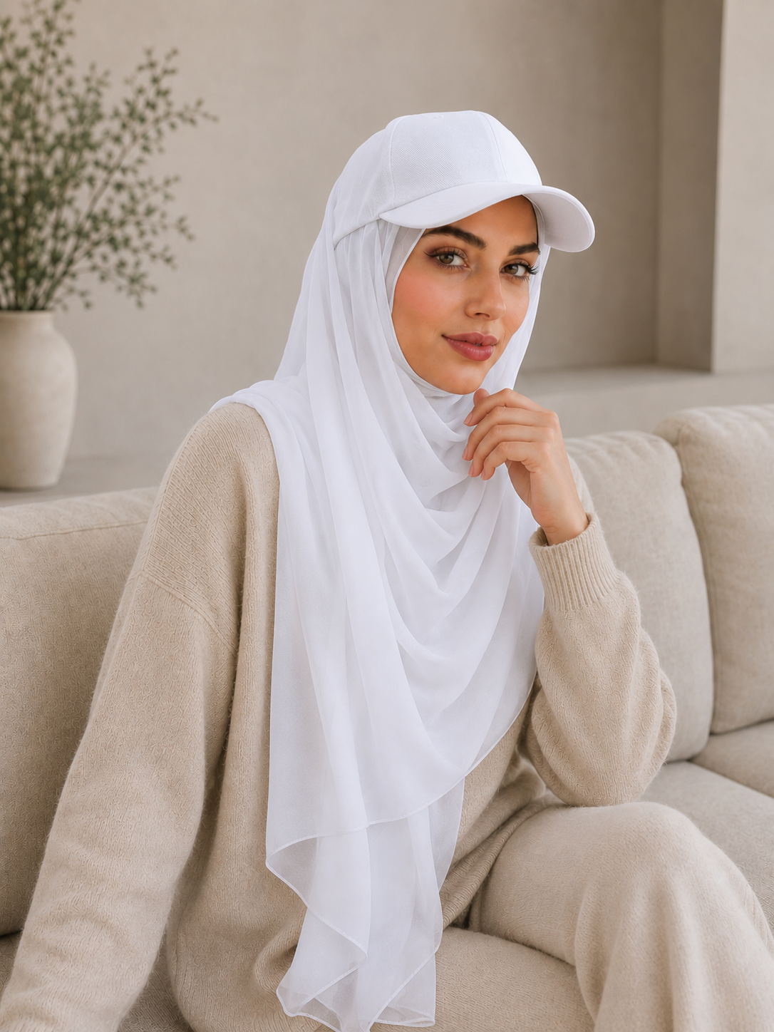 RY610 White Hat Brim Chiffon Hijab – Women's Baseball Cap Style Ready To Wear Headscarf