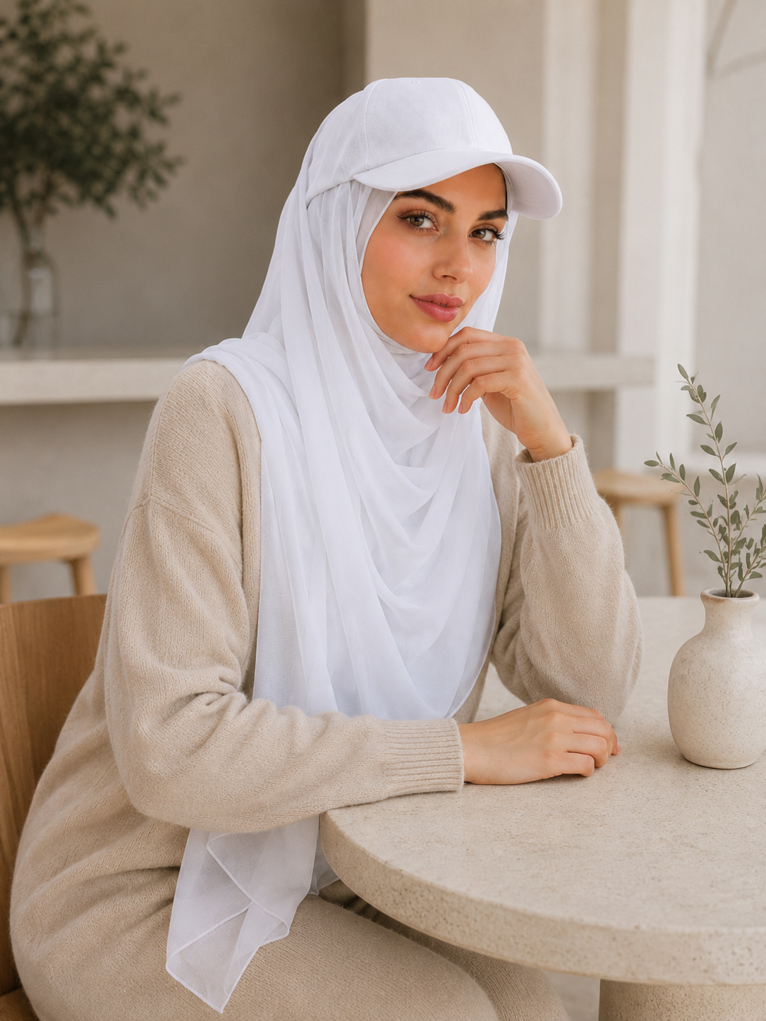 RY610 White Hat Brim Chiffon Hijab – Women's Baseball Cap Style Ready To Wear Headscarf