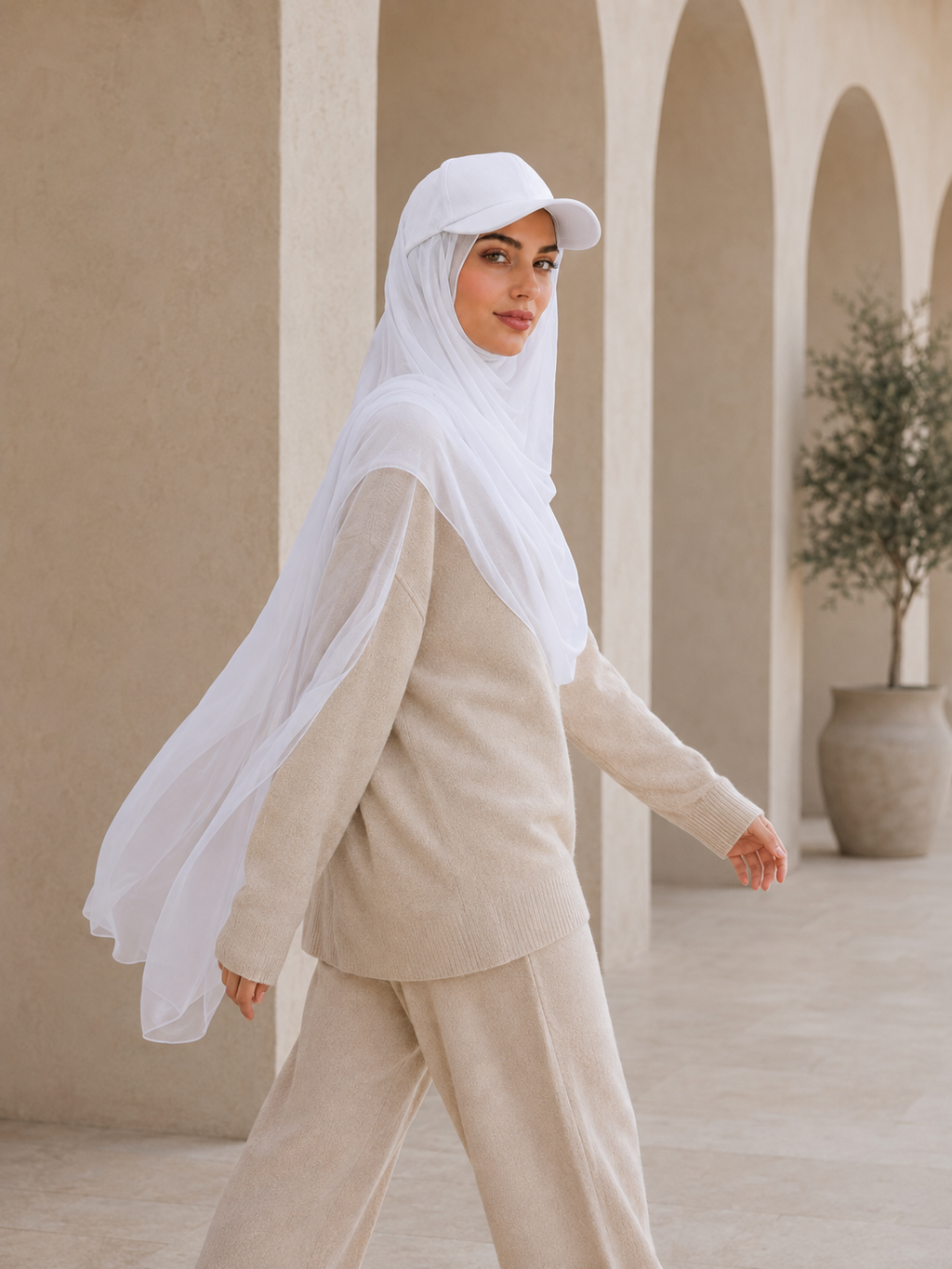 RY610 White Hat Brim Chiffon Hijab – Women's Baseball Cap Style Ready To Wear Headscarf