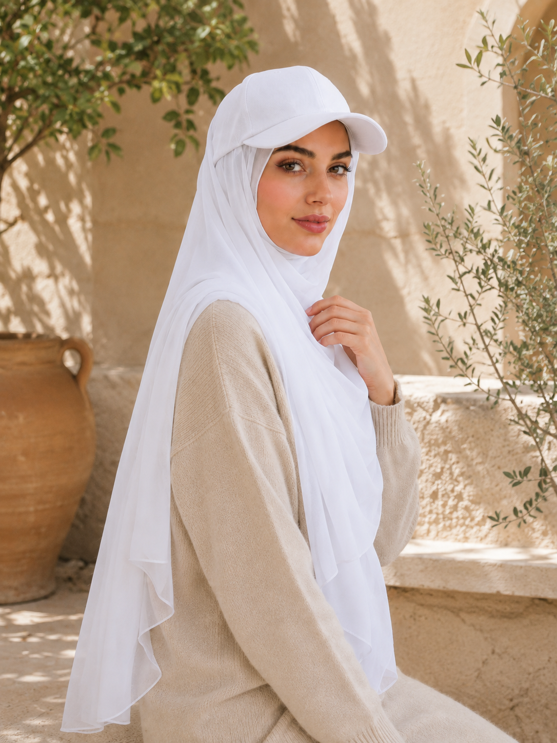 RY610 White Hat Brim Chiffon Hijab – Women's Baseball Cap Style Ready To Wear Headscarf
