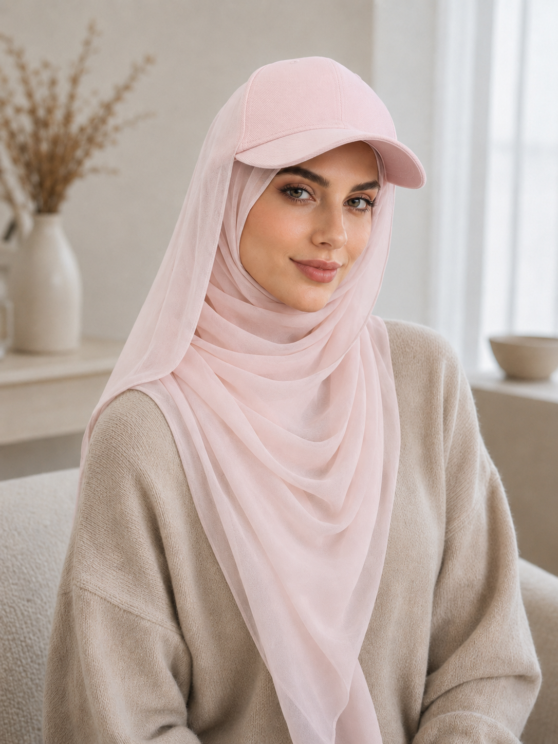 RY611 Light Pink Hat Brim Chiffon Hijab – Women's Baseball Cap Style Ready To Wear Headscarf