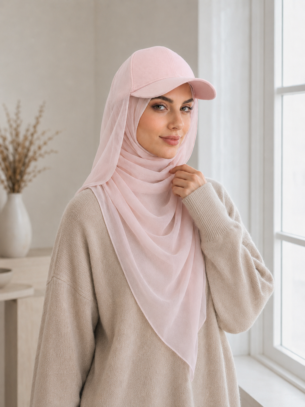 RY611 Light Pink Hat Brim Chiffon Hijab – Women's Baseball Cap Style Ready To Wear Headscarf
