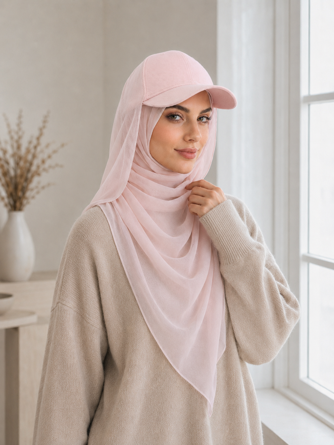 RY611 Light Pink Hat Brim Chiffon Hijab – Women's Baseball Cap Style Ready To Wear Headscarf