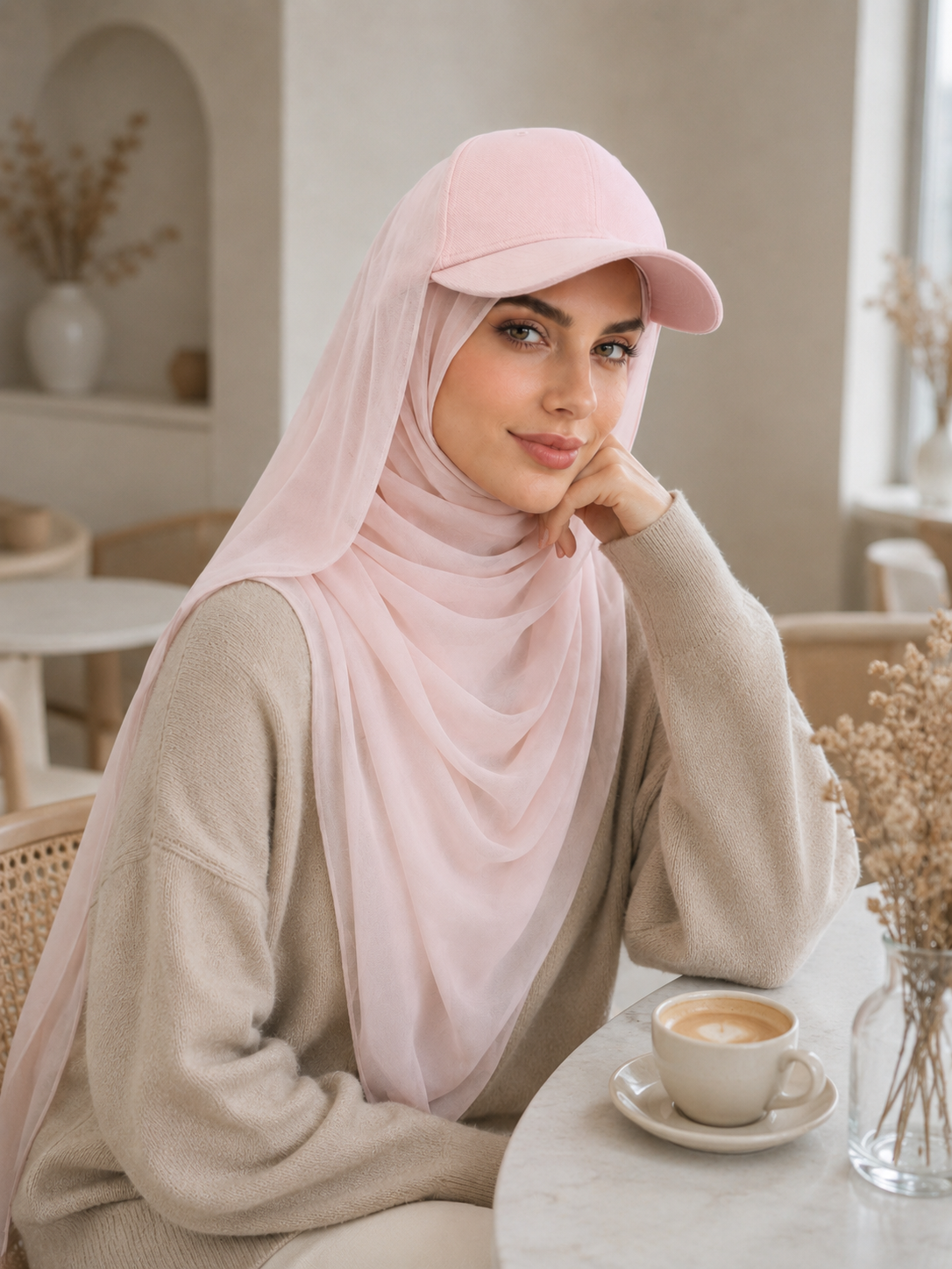 RY611 Light Pink Hat Brim Chiffon Hijab – Women's Baseball Cap Style Ready To Wear Headscarf
