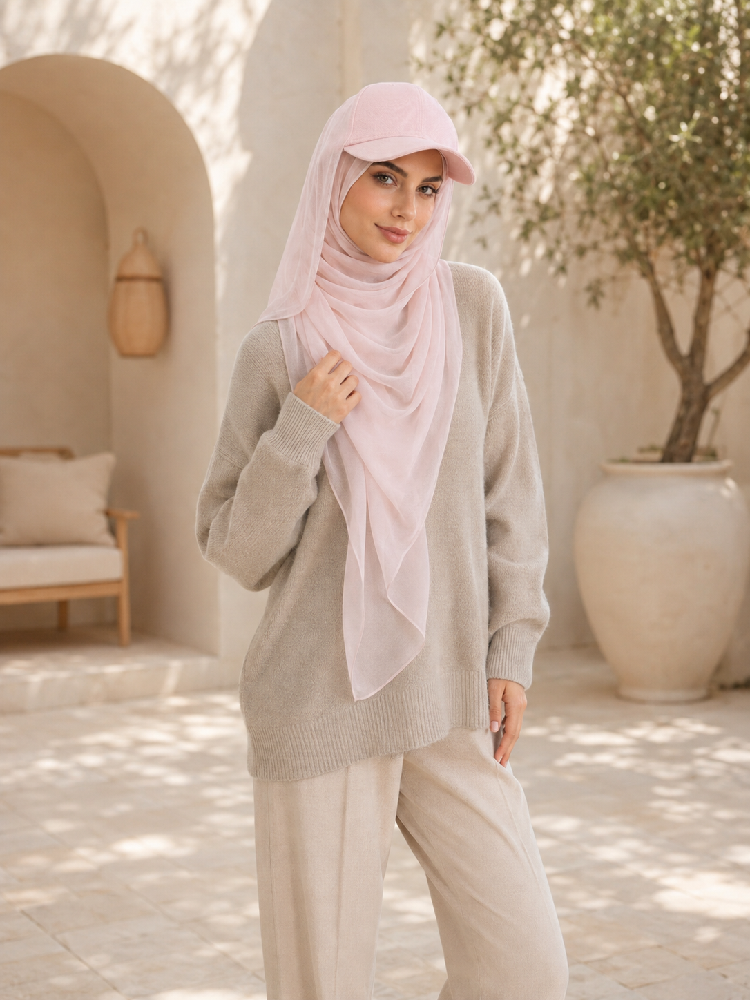 RY611 Light Pink Hat Brim Chiffon Hijab – Women's Baseball Cap Style Ready To Wear Headscarf