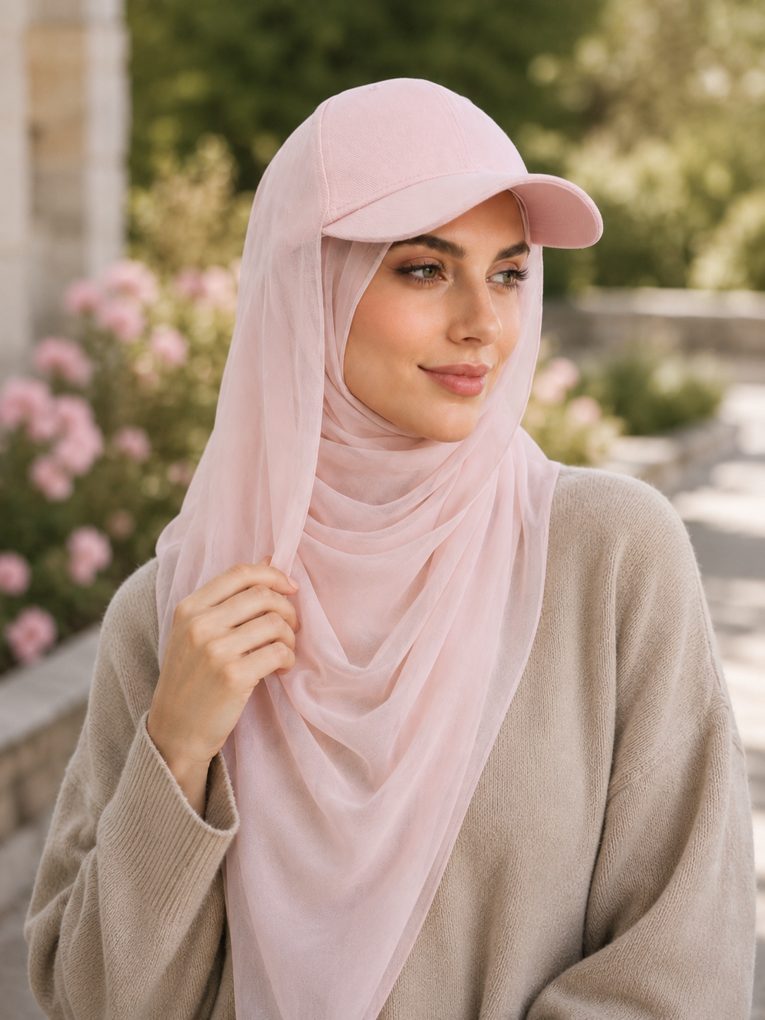 RY611 Light Pink Hat Brim Chiffon Hijab – Women's Baseball Cap Style Ready To Wear Headscarf