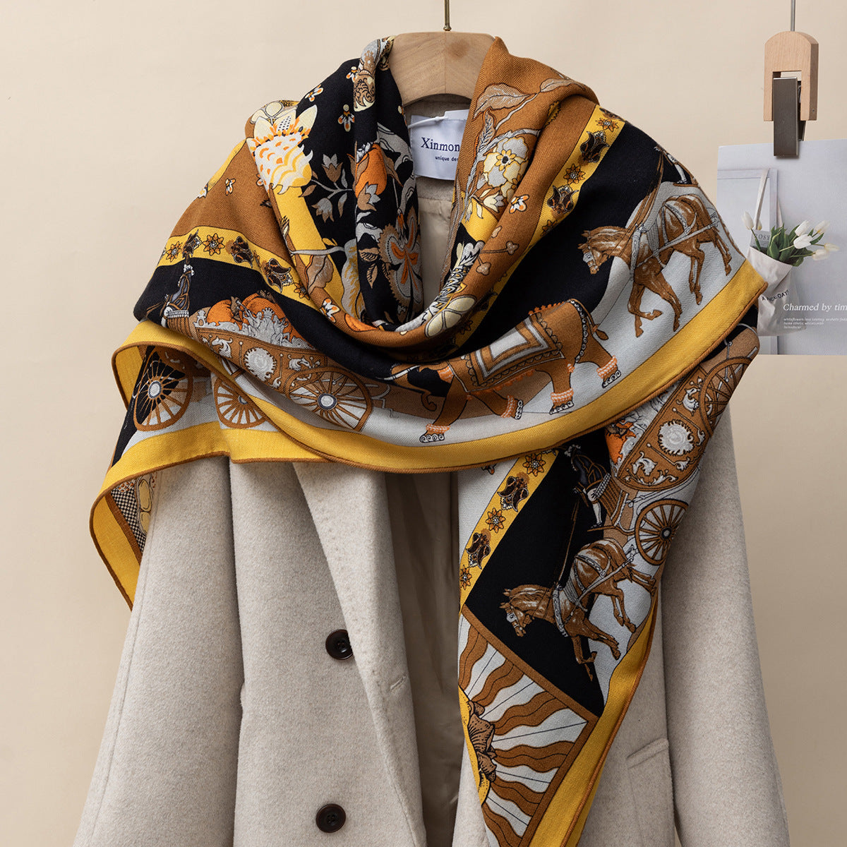 HJ11 Silk Cashmere Scarf - Warm Wool Square Shawl Tropical Print