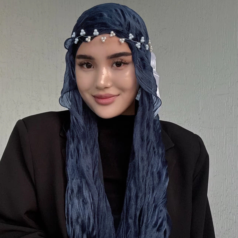 RY315 Navy Blue Crinkled Tulle Hijab Scarf – Glossy Stretch Breathable Headscarf