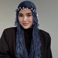 RY315 Navy Blue Crinkled Tulle Hijab Scarf – Glossy Stretch Breathable Headscarf