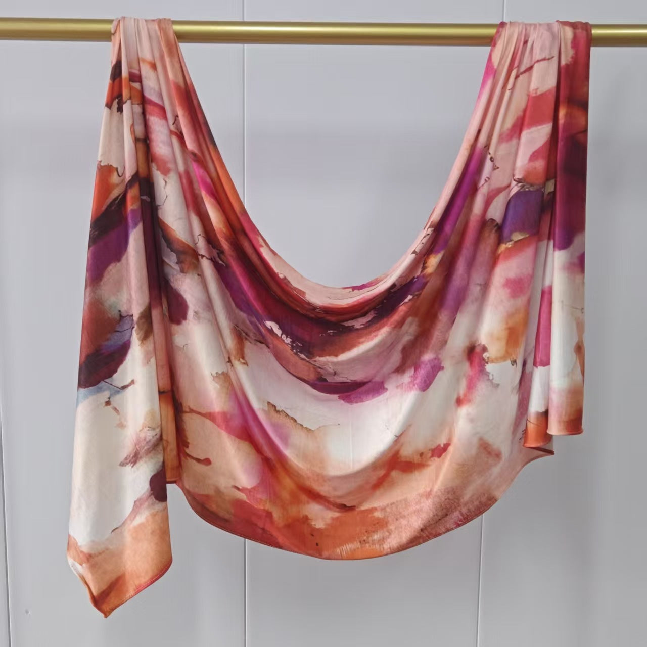 RY224 Coral Burgundy Watercolor Printed Liquid Jersey Hijab – Soft Premium Drape Scarf