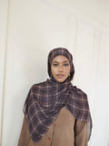 RY157 Dark Grey Blue Brown Tartan Plaid Hijab Shawl – British Check Women's Head Scarf (80×180cm)