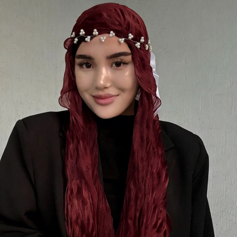 RY311 Deep Burgundy Crinkled Tulle Hijab Scarf – Glossy Stretch Breathable Headscarf
