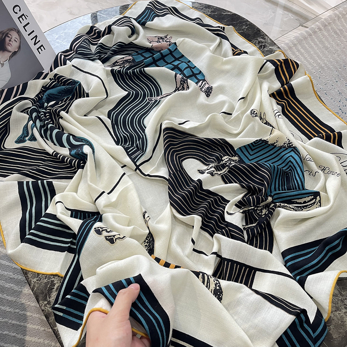 HJ11 Silk Cashmere Scarf - Warm Wool Square Shawl Tropical Print