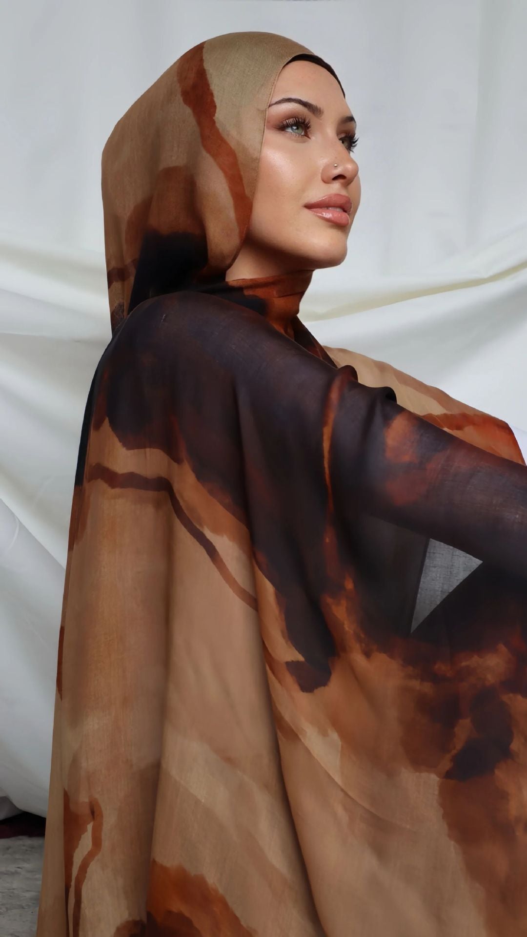 RY113 Camel Brown Black Lava Marble Hijab Shawl – Agate Flow Women's Head Scarf (80×180cm)