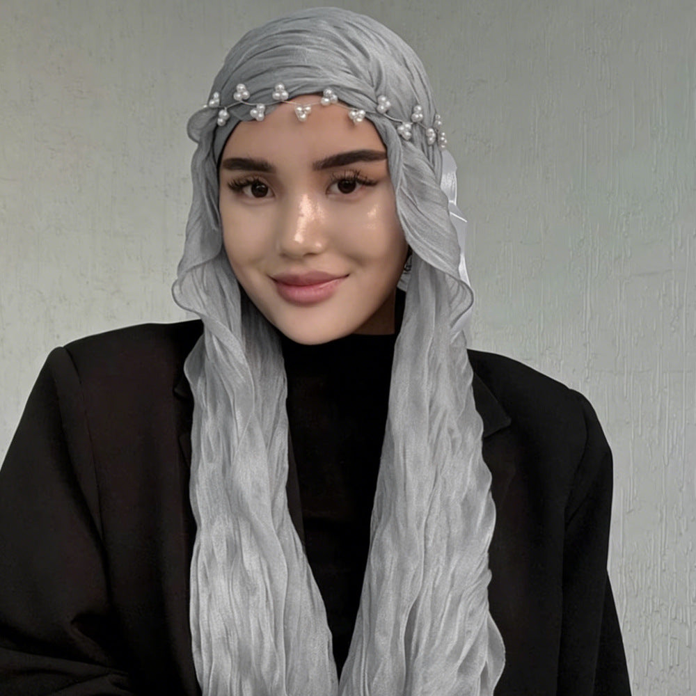 RY312 Light Gray Crinkled Tulle Hijab Scarf – Glossy Stretch Breathable Headscarf
